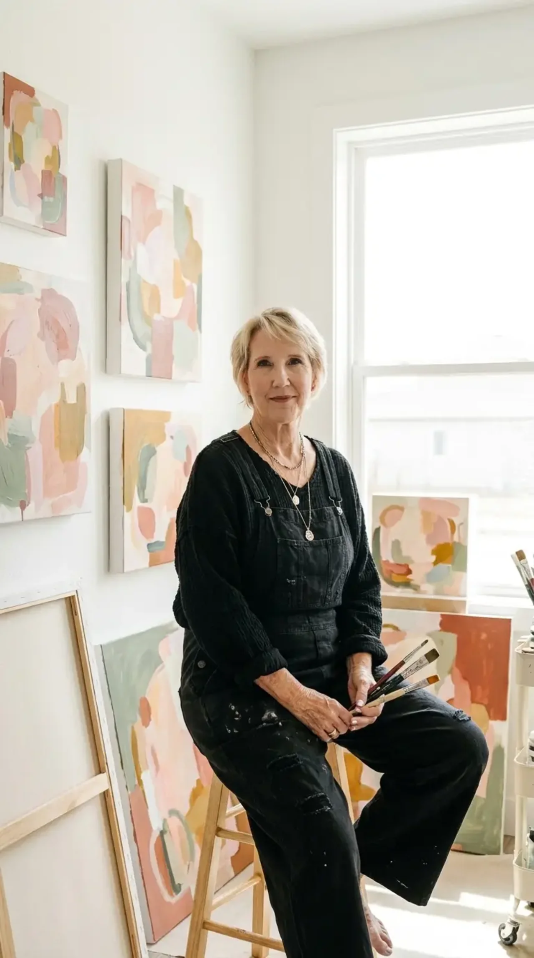 AI brand image of a client in a black artist jumpsuit surrounded by pastel paintings in a bright studio