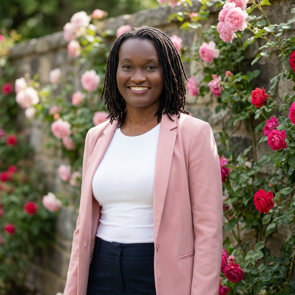 AI brand image of a client in a pink blazer beside a rose covered wall