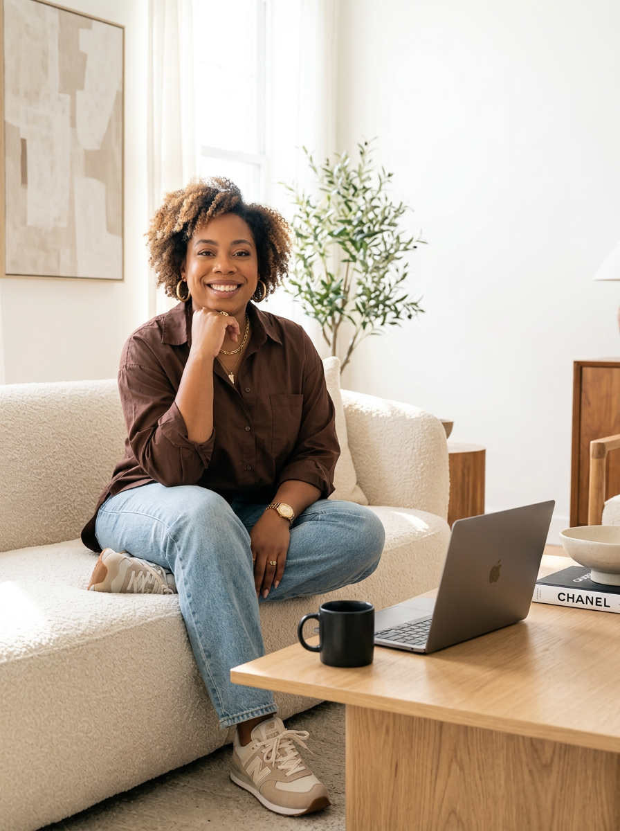 Joia Allen, founder of Brand2Checkout, sitting on a cream sofa with a laptop and coffee
