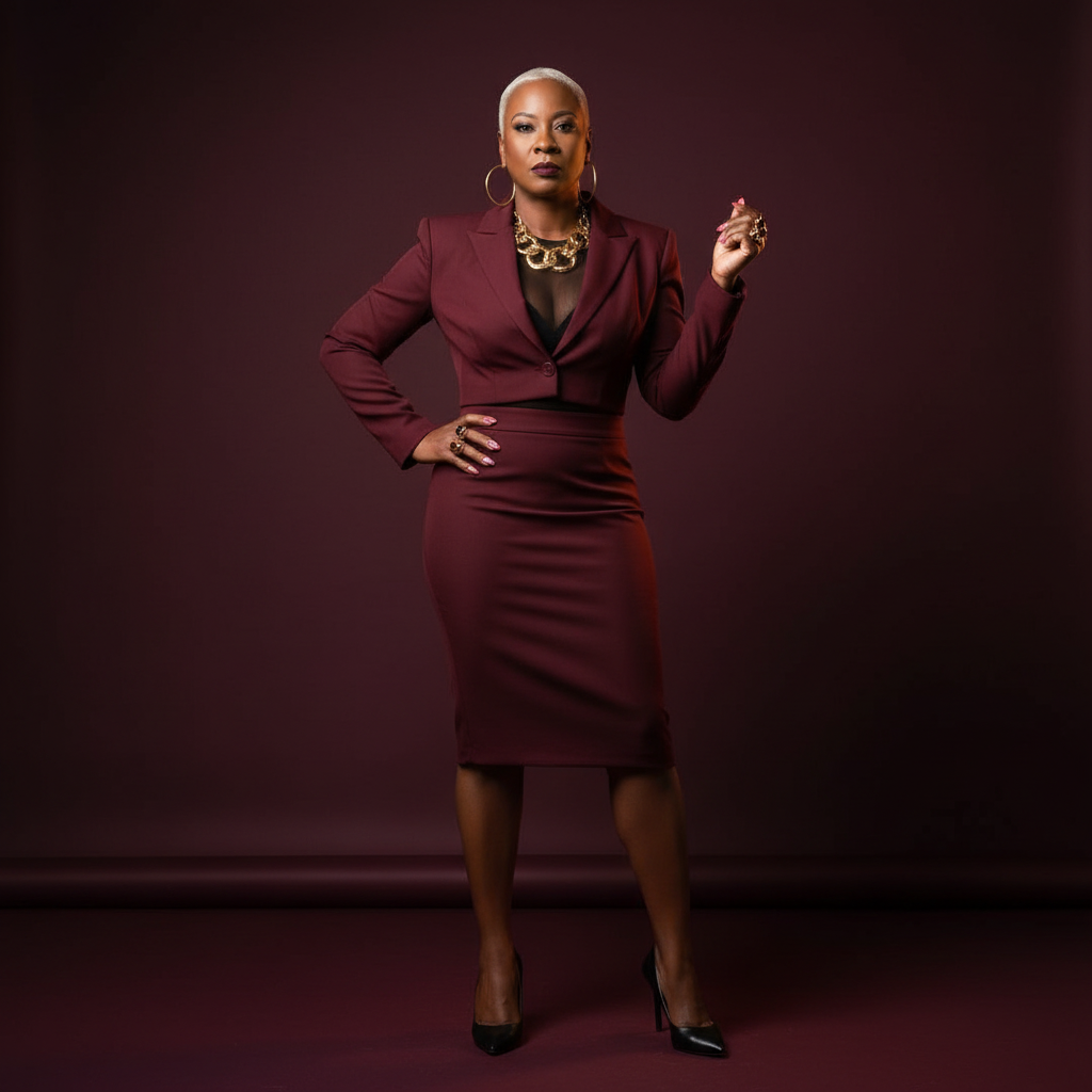 AI brand image of a client in a burgundy suit on a deep red backdrop