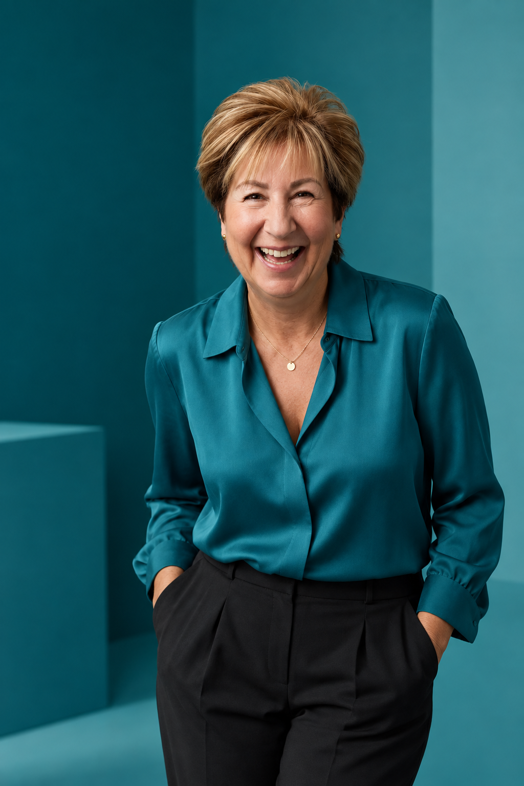 AI brand portrait of a client smiling in a teal satin blouse against a tonal teal backdrop