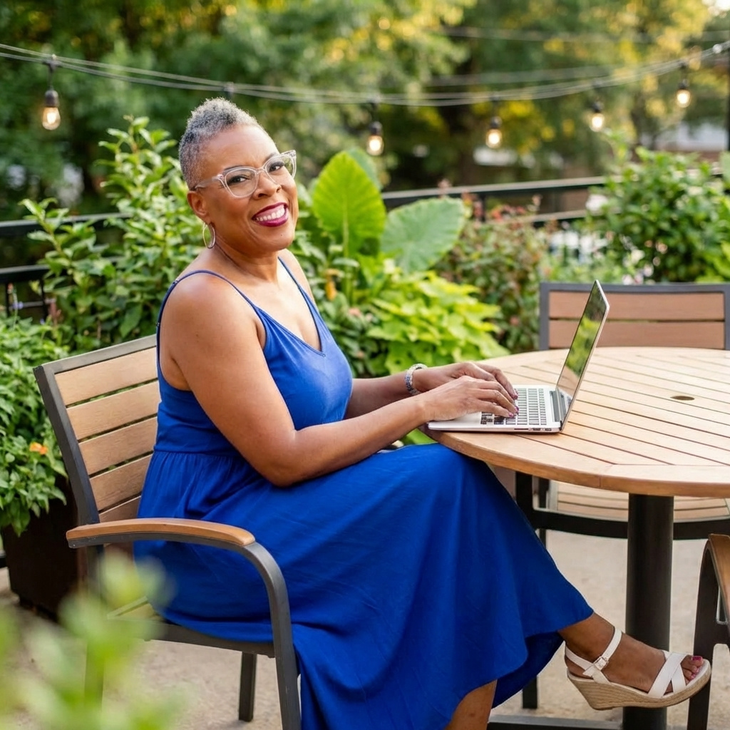 Editorial AI brand image of a client in a blue dress working outdoors
