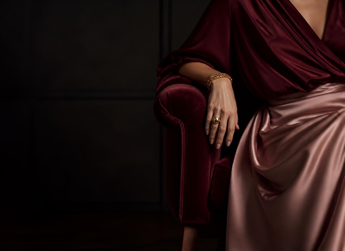 Editorial detail of burgundy and blush silk in a dark interior