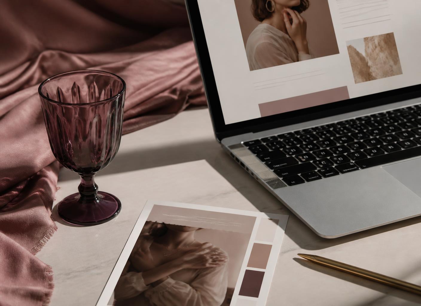 Editorial still life with a laptop showing a landing page, pink silk, and a burgundy glass